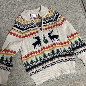 Crewcuts Beige Zip-Up Sweater with Festive Pattern